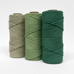 three rolls of macrame cord in evergreen lemongrass and agave green standing side by side on white background showing matching colours