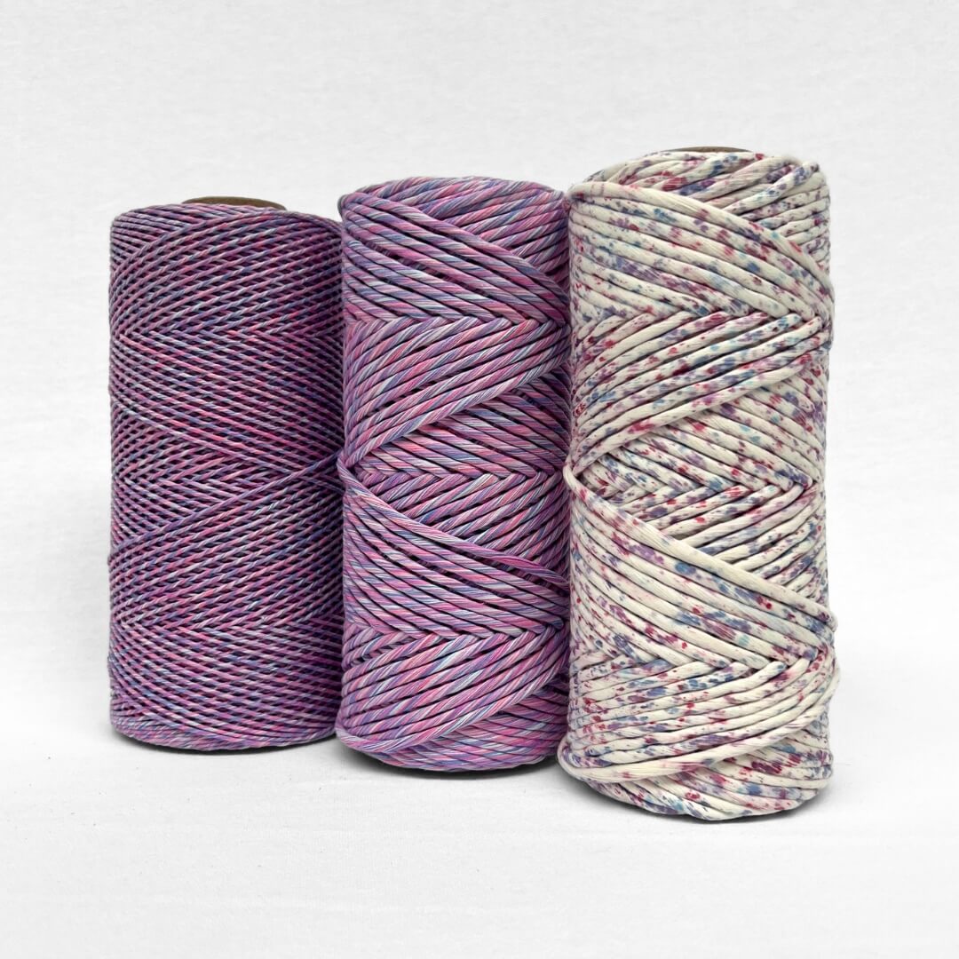 image showing three variants of lavender skies colour in 4mm and 1.5mm mixed string as well as 4mm confetti