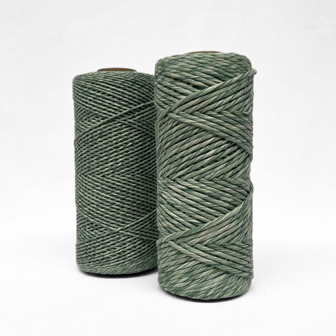 green and white combination photo of mixed cotton string for macrame showcasing 1.5mm and 4mm size options on white background