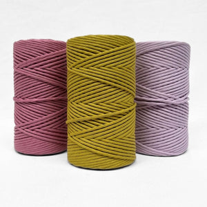 colour combination photo showing three rolls of 5mm cotton in plum pink chartreuse and orchid purple on white background