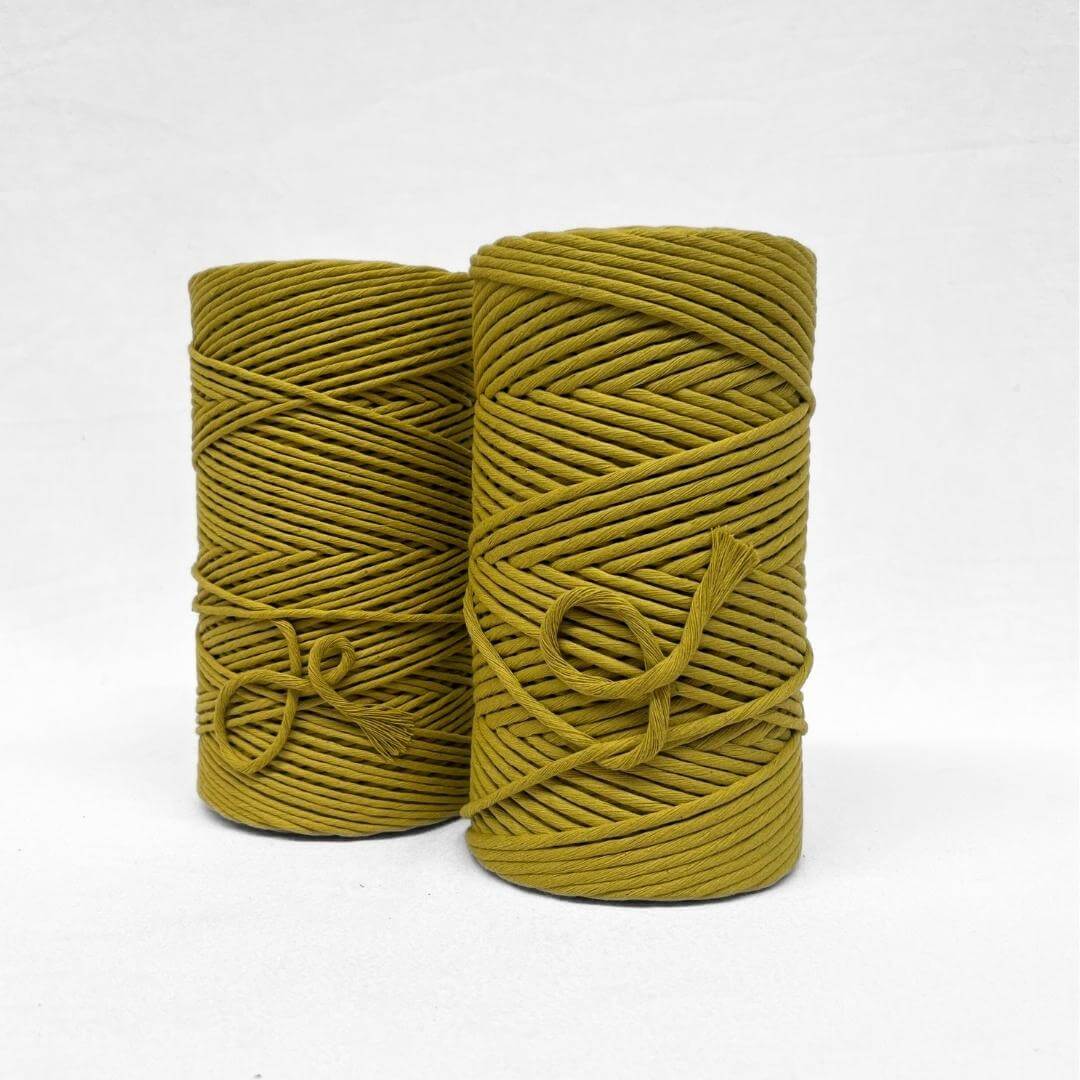 chartreuse cotton string in 3mm and 5mm standing next to each on an angle with white background 