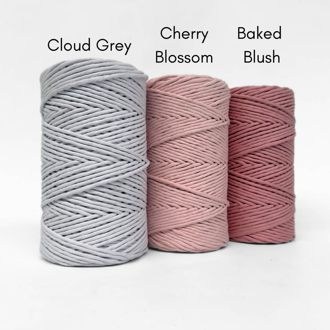 Recycled macrame string bundle in Cloud Grey, Cherry Blossom Pink, and Baked Blush – soft 5mm fibre perfect for macrame, weaving, and DIY crafts