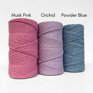 Recycled macrame cord bundle in Musk Pink, Orchid Purple, and Powder Blue – soft 5mm fibre for macrame, weaving, and fibre art