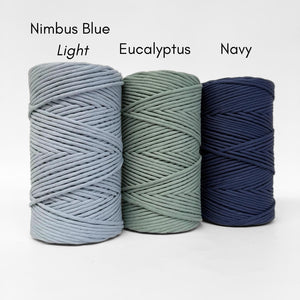 Recycled macrame string bundle in Nimbus Blue, Eucalyptus Green, and Navy Blue – soft, durable 5mm fibre for macrame and sustainable crafts