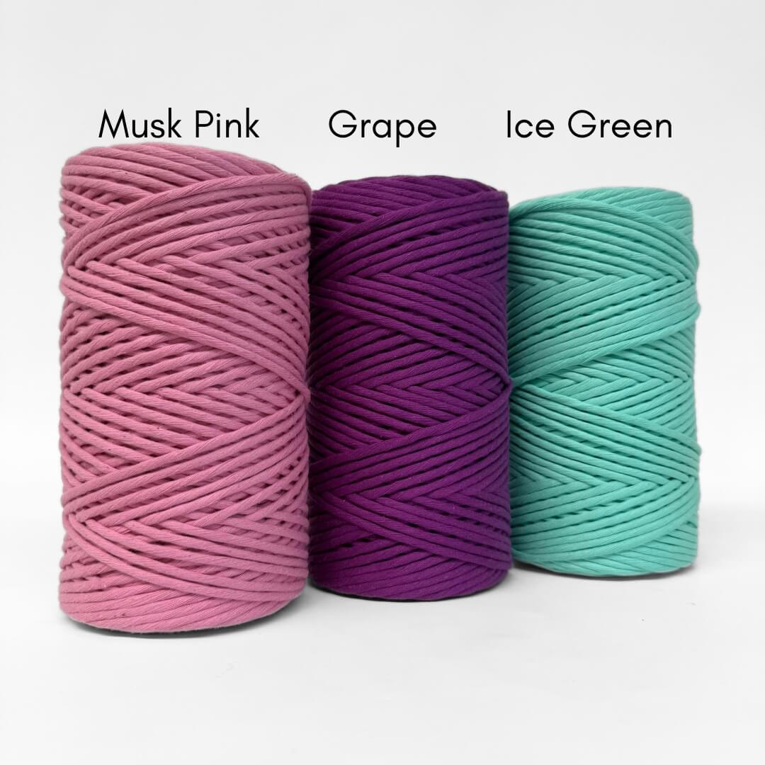 Handmade macrame string bundle in Pink, Deep Purple, and Ice Green – ultra-soft 5mm fibre for macrame wall hangings and DIY weaving