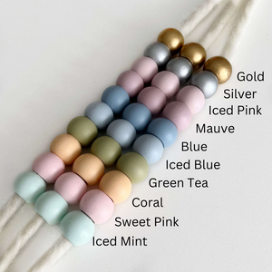 coloured beads laid flat with descriptions to side